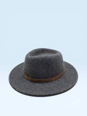 Frye Gray Wool Wide-Brim Fedora Hat With Brown Leather Band